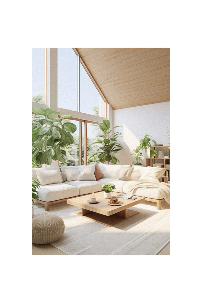 A modern living room with white furniture and organic plants.