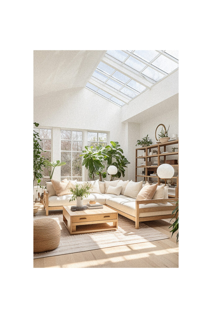 A modern living room with white furniture and a skylight.