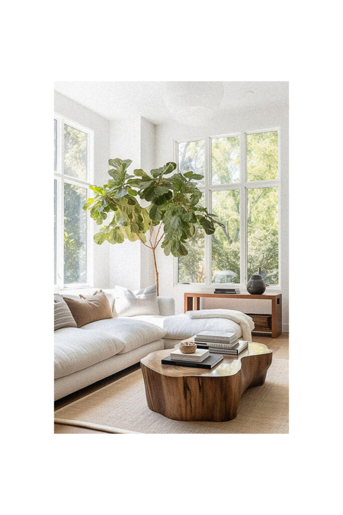 A modern living room with a large tree in the center, showcasing organic interior design.
