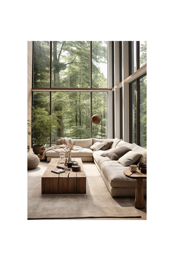A modern living room with large windows overlooking a wooded area.