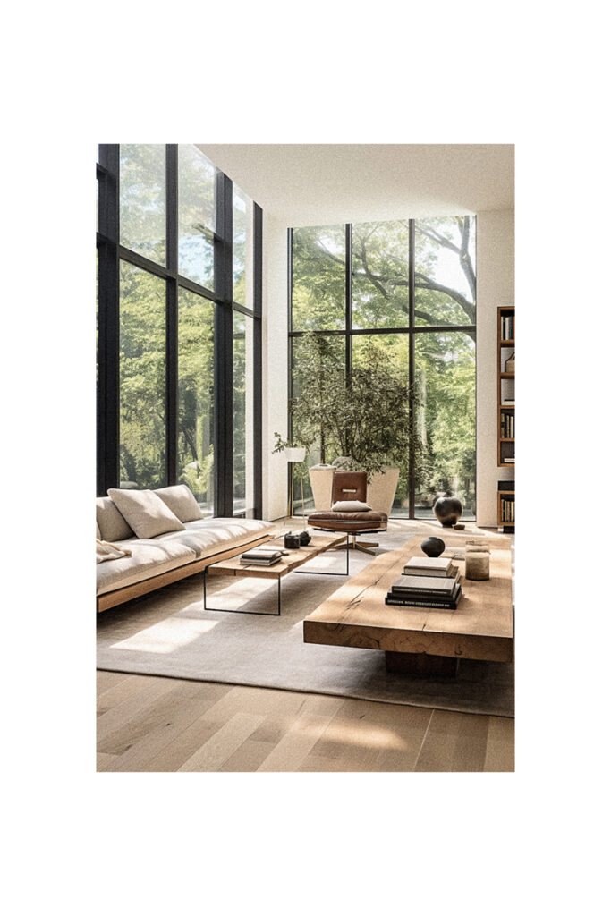 A modern living room with large windows designed in a organic style.