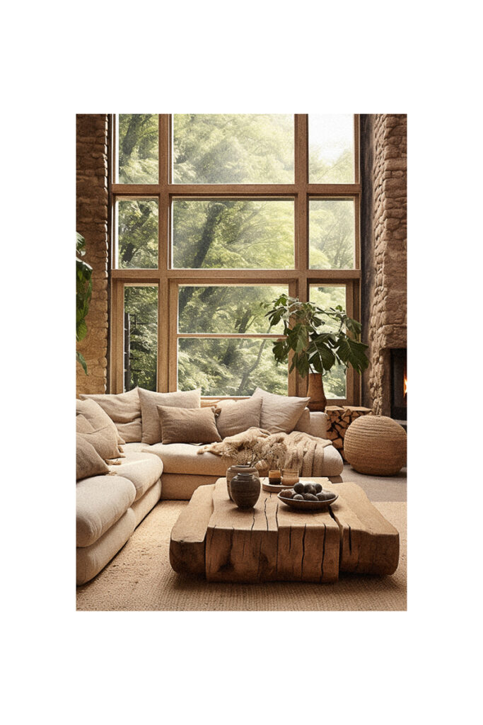 A living room with large windows featuring a natural interior design style.