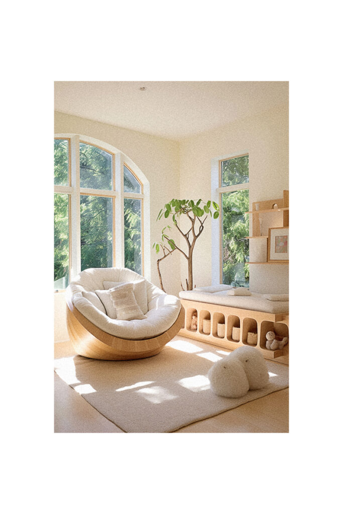 A natural nursery room with a large window.