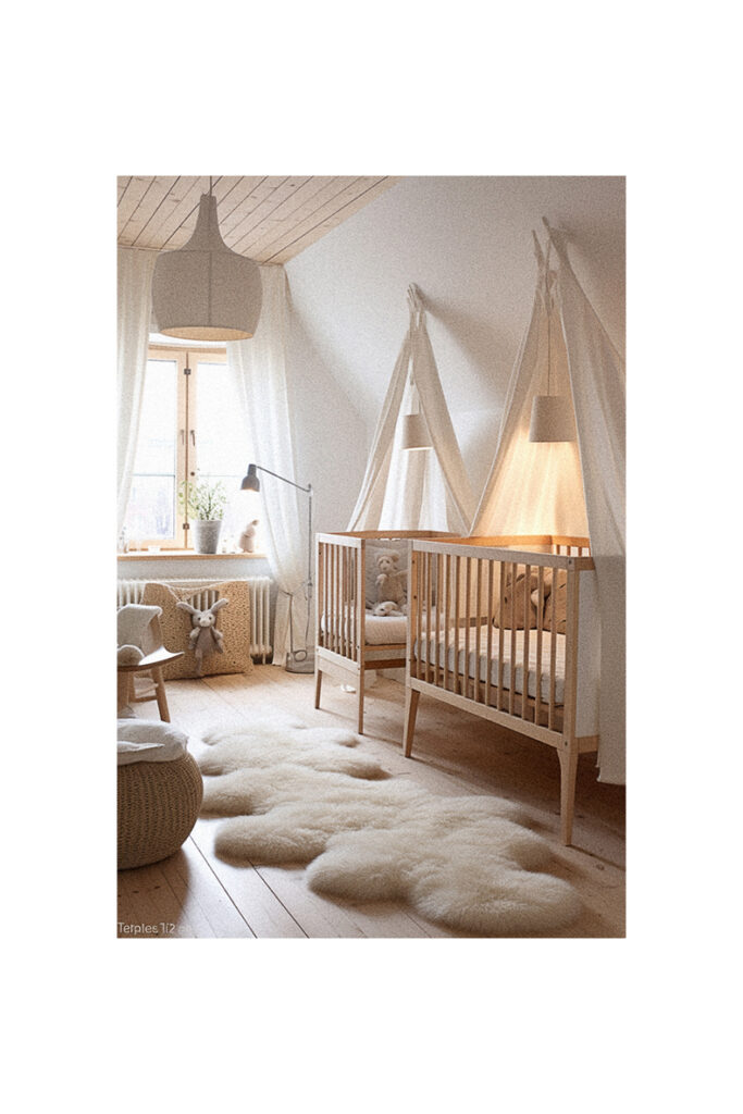 A natural nursery room with a white canopy bed and a white rug.