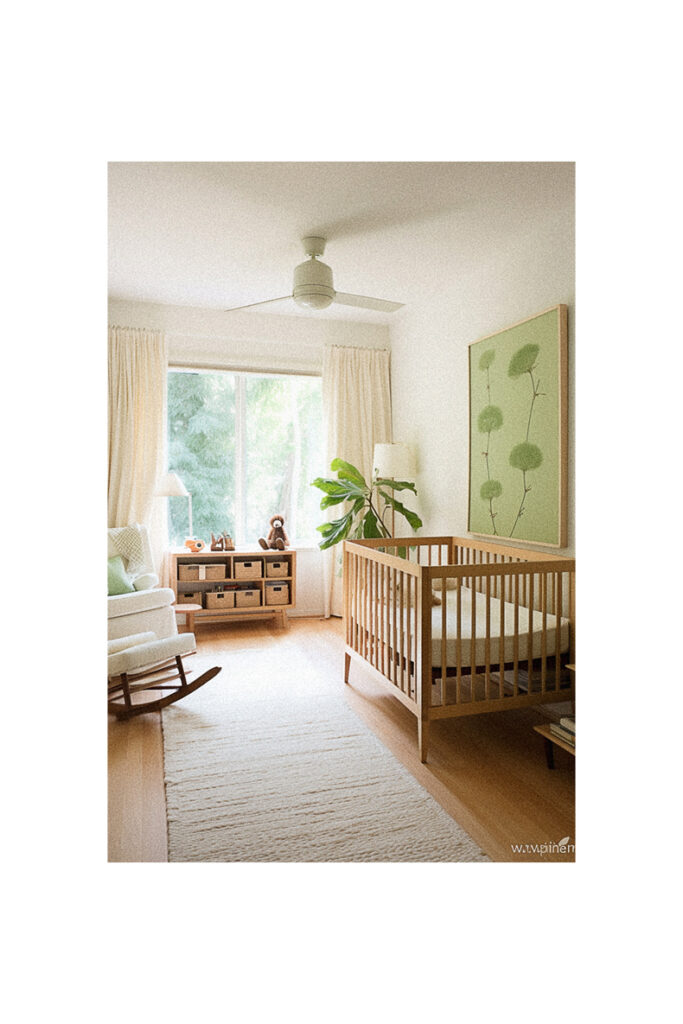 A cozy nursery with a crib and a rocking chair.