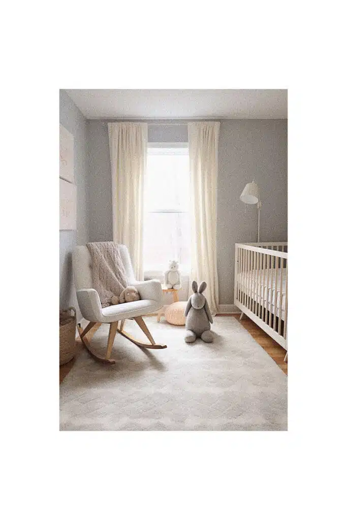 Nursery room inspiration featuring a cozy rocking chair and adorable teddy bear.