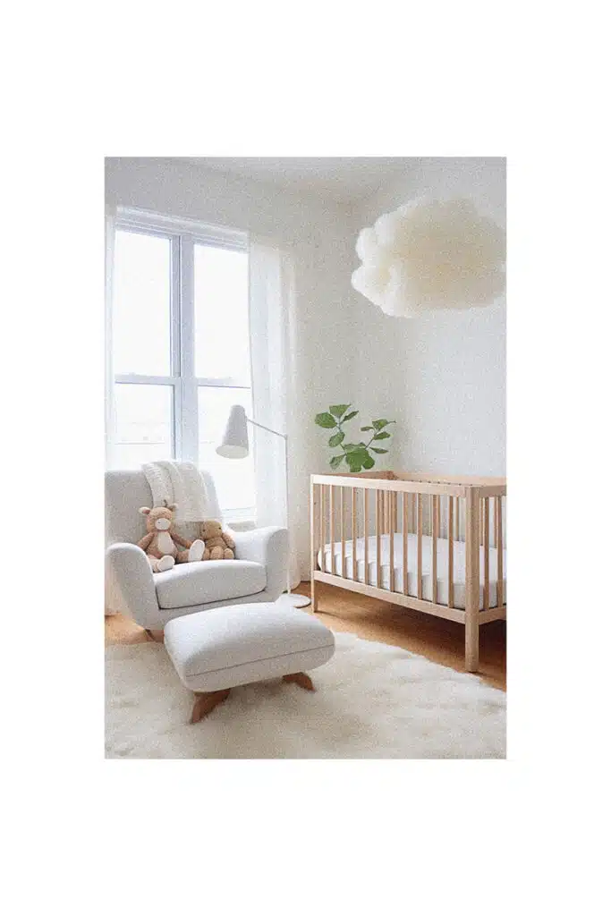 A charming nursery room with a white theme, featuring a teddy bear and a cozy chair.