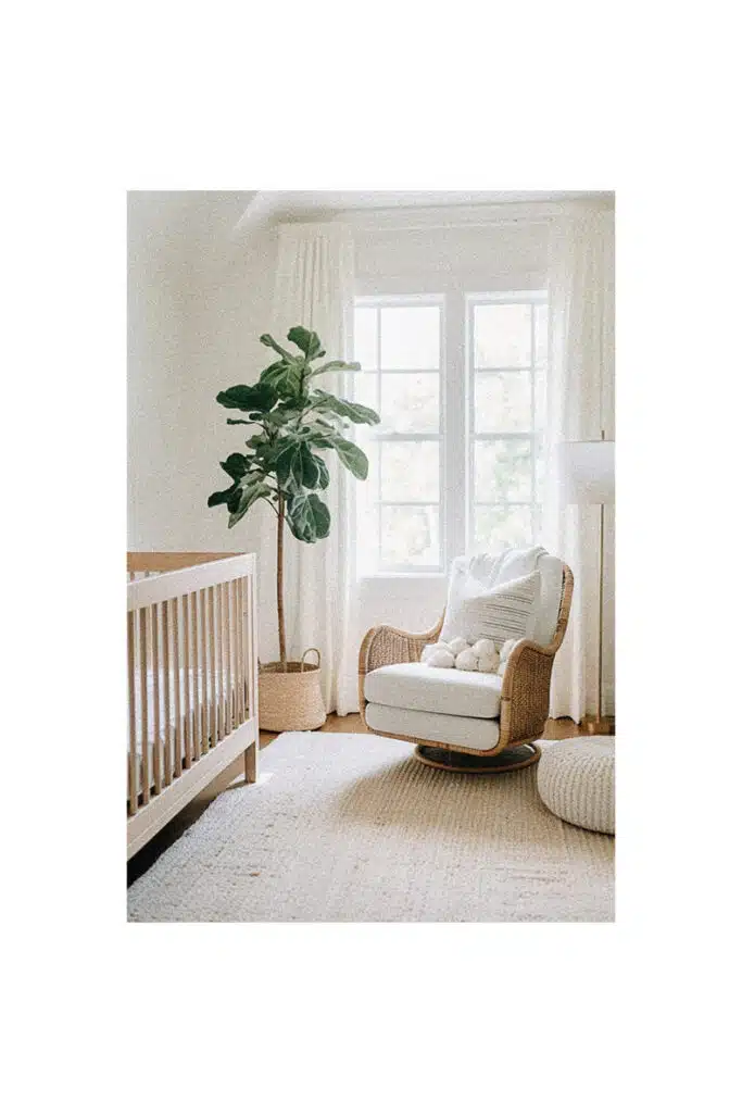 Nursery room inspiration with a crib, chair and a plant.