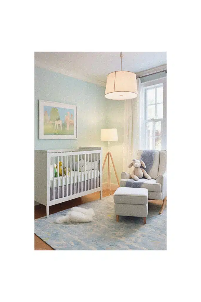 A nursery room with a crib and a chair providing inspiration for baby's room decor.