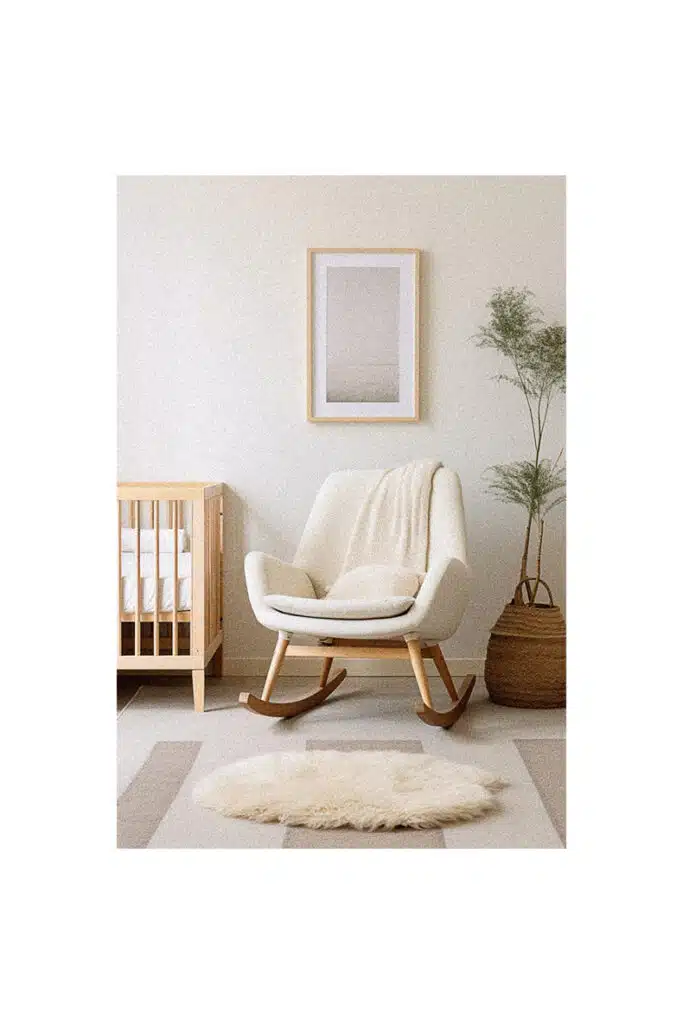 Nursery room with a rocking chair and a rug.