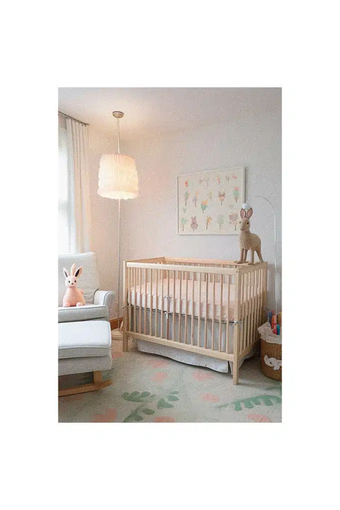 A baby's nursery room with a crib, a chair and a rug.