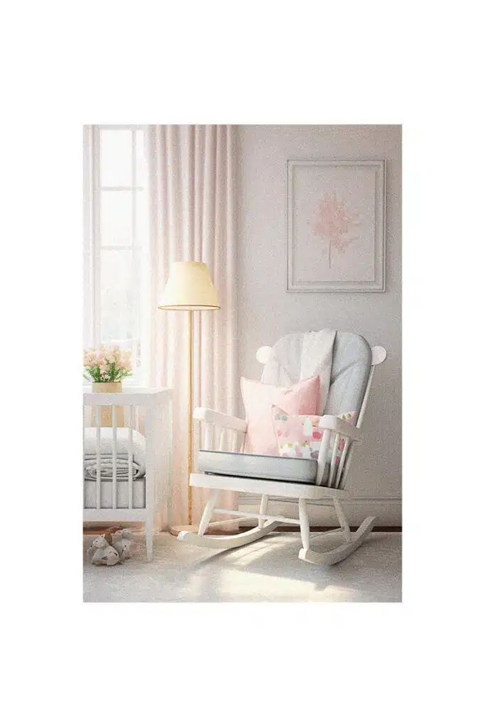 A pink and white nursery with a rocking chair, providing nursery room inspiration.
