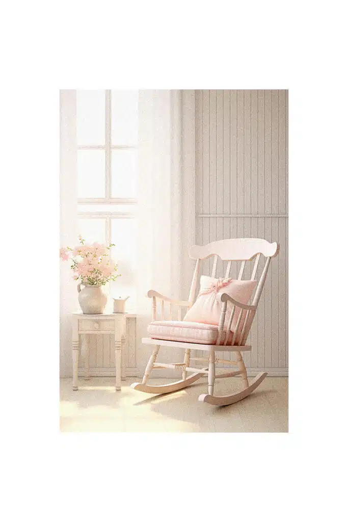 A pink rocking chair providing nursery room inspiration.