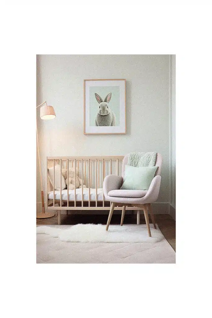 A nursery room with a cozy chair and an adorable picture of a bunny.