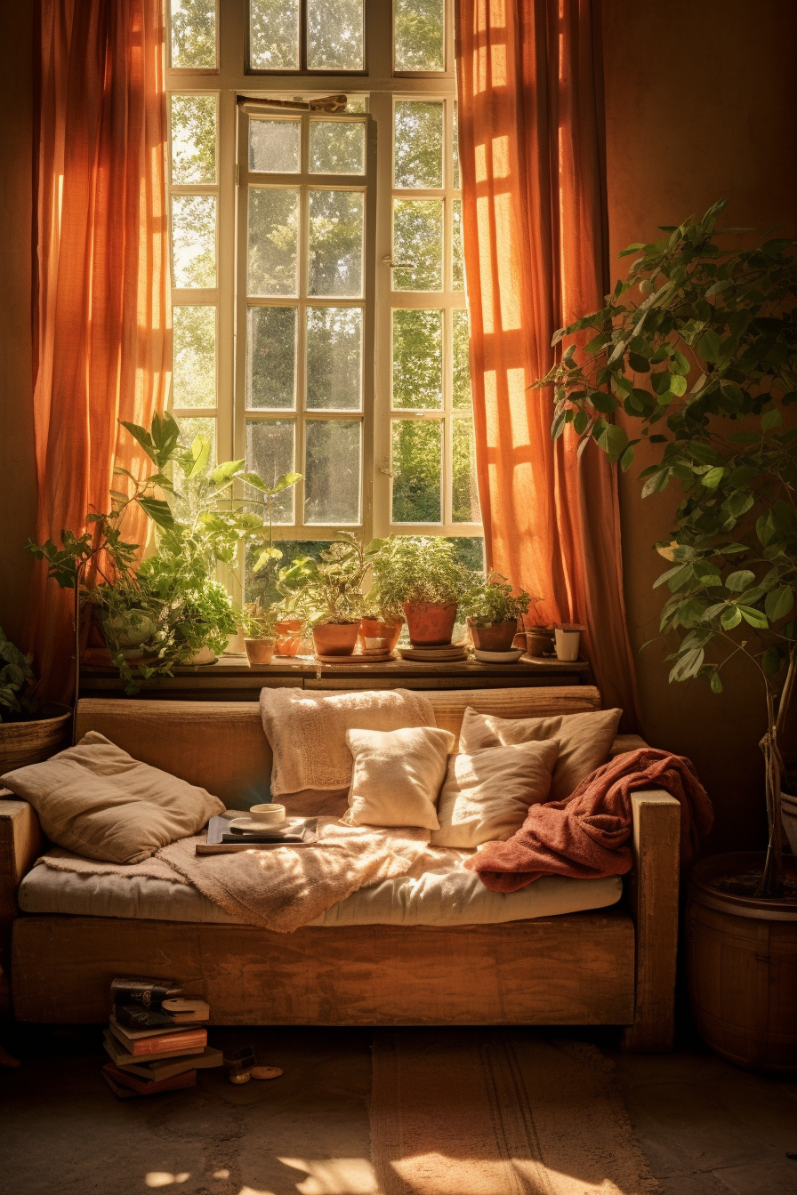 An organic interior design featuring a couch with pillows and a cup of coffee in front of a window.