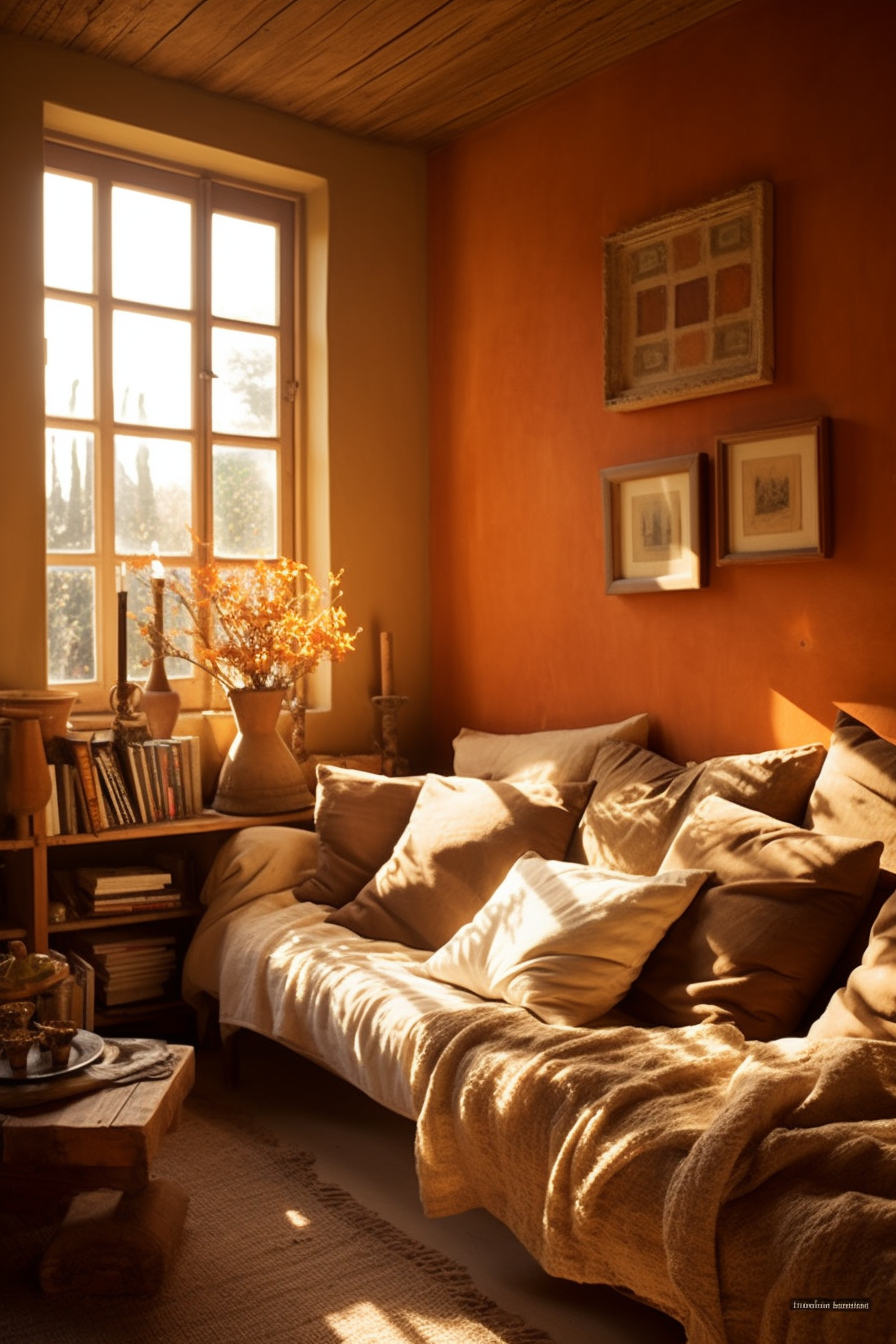 A couch with organic interior design in a room with orange walls.