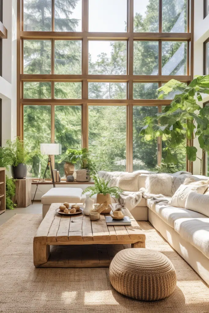 An organic living room with large windows and plants.