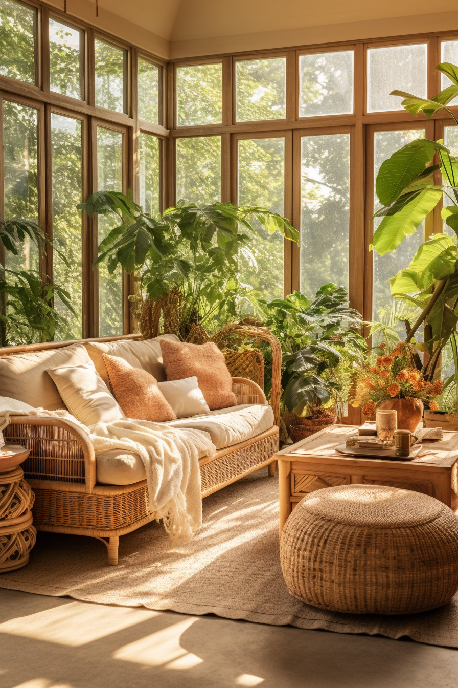 An organic living room with wicker furniture and plants.