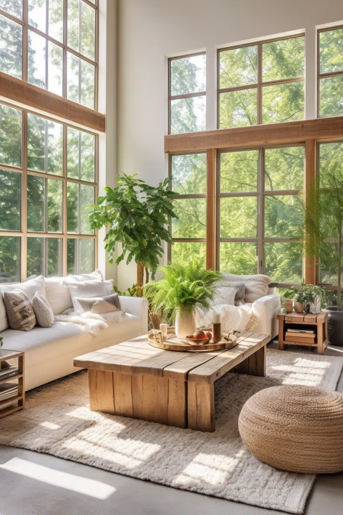An organic living room with large windows and white furniture.