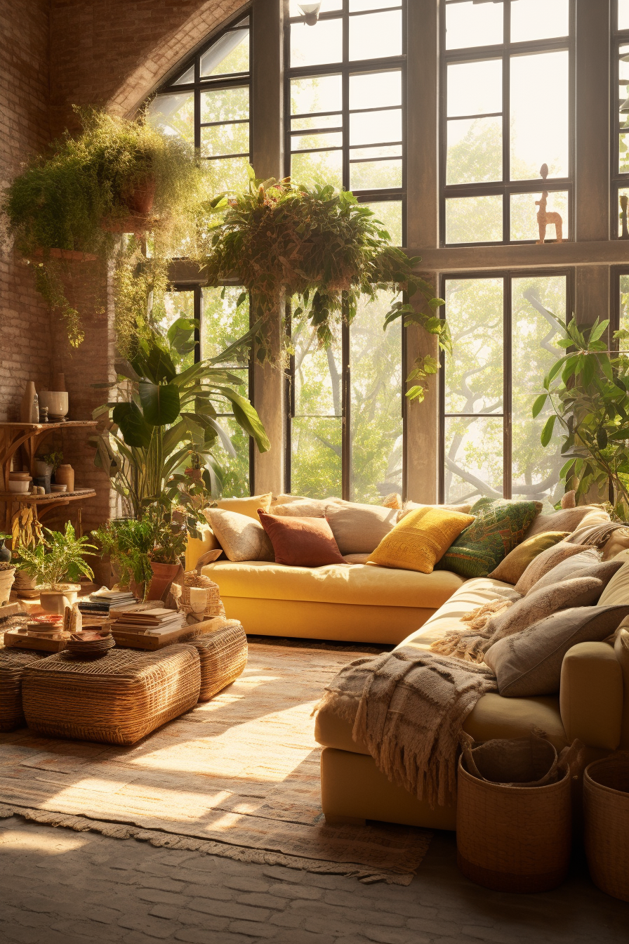 An organic living room with yellow couches and plants.