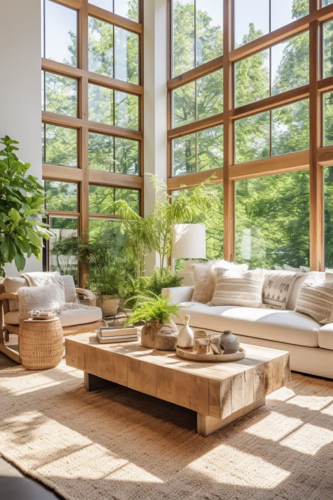 An organic living room with large windows and a coffee table.