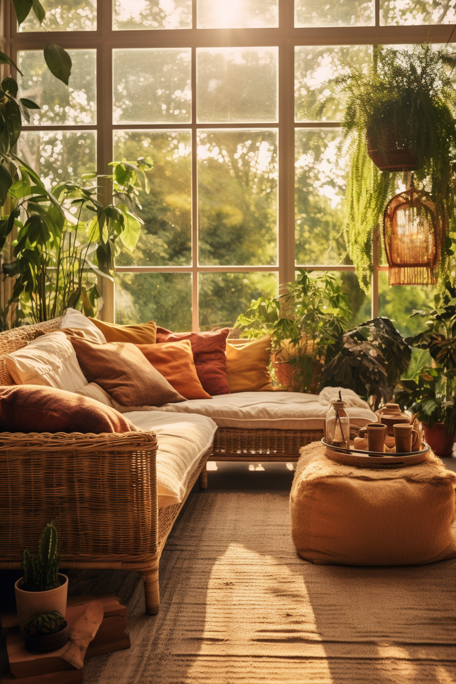 An organic living room with plants and a couch.