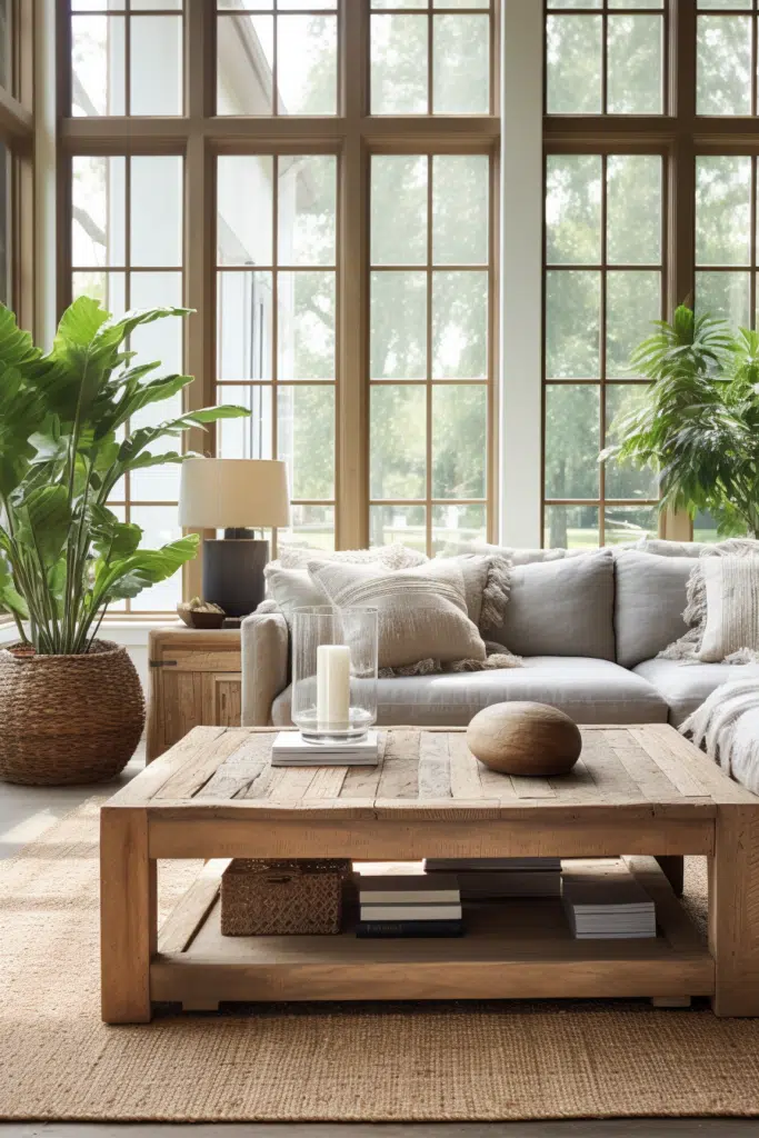 A living room with large windows and a wooden coffee table designed with an organic interior design.