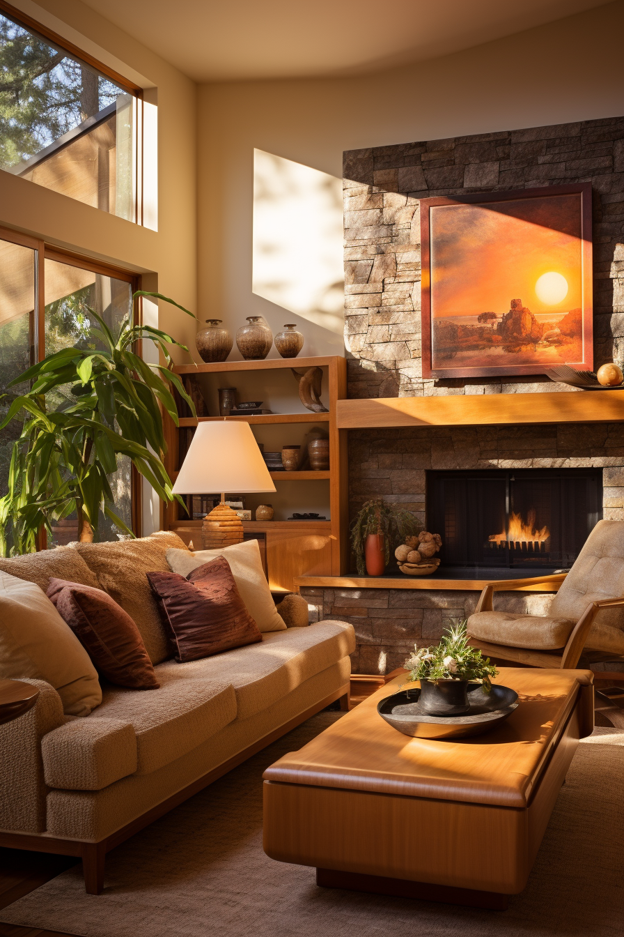 An organic living room with a fireplace.