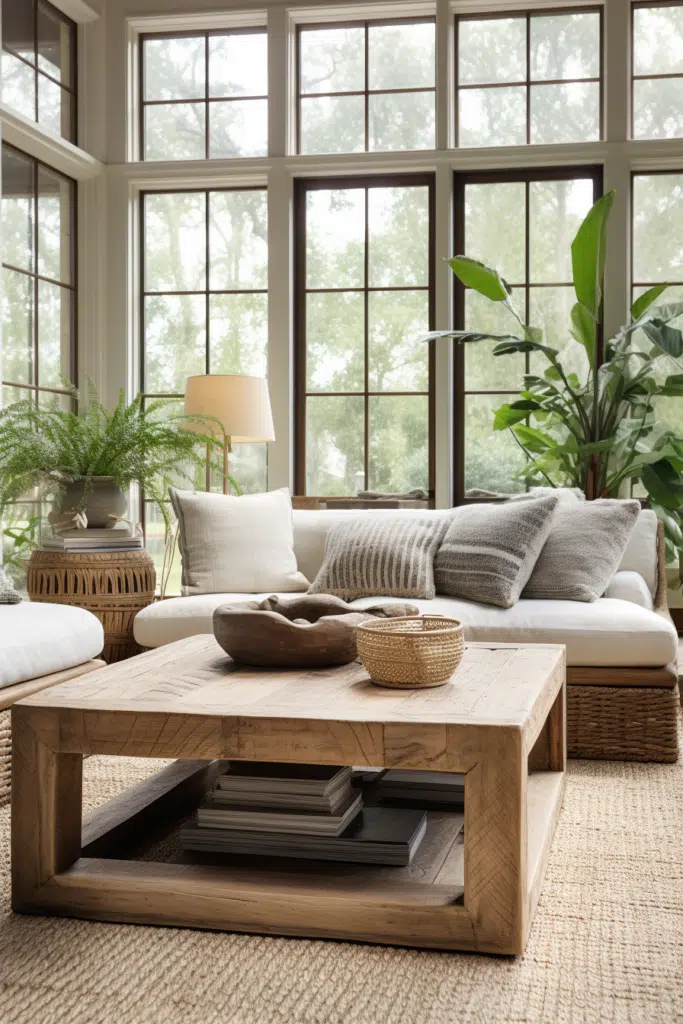A living room with large windows, exuding an organic interior design aesthetic and featuring a wooden coffee table.