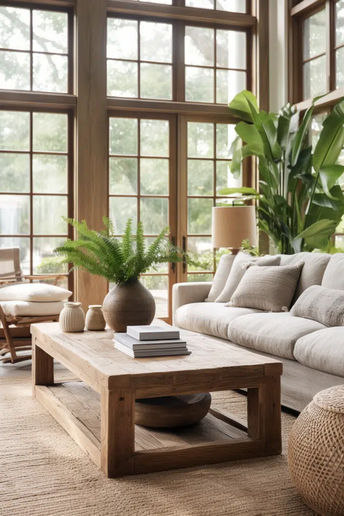 Organic Interior Design: A living room with large windows that beautifully incorporate natural light and embrace an organic aesthetic.