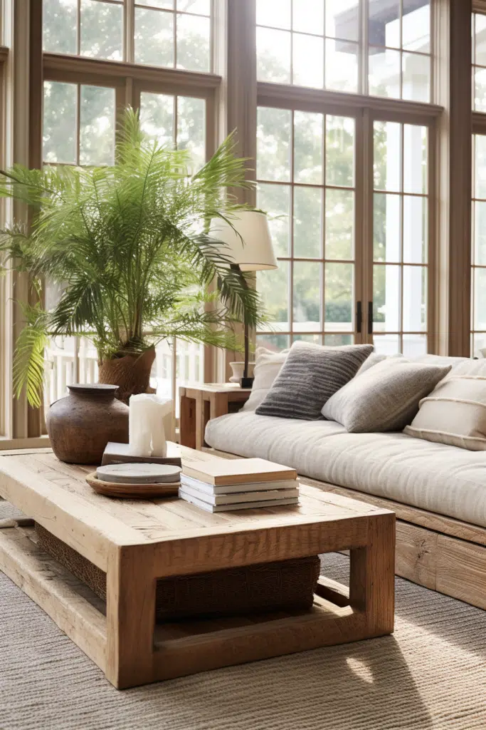 An organic wooden coffee table in a living room.