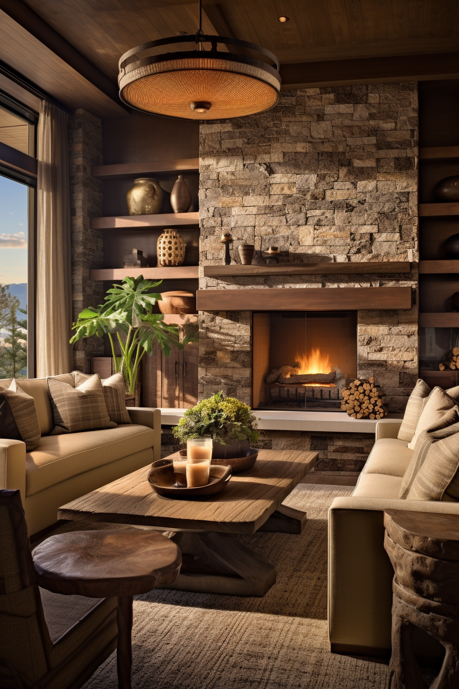 An organic living room featuring a stone fireplace.