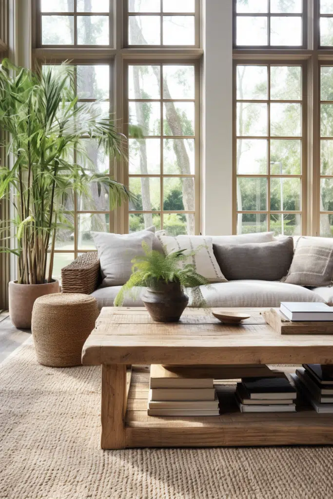 An organic living room with large windows and a wooden couch.
