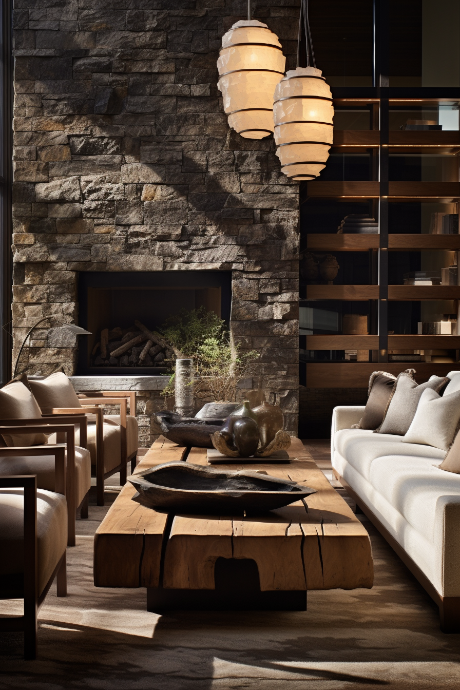 Organic Interior Design: A living room with a stone fireplace and wooden furniture, creating a natural and rustic ambiance.