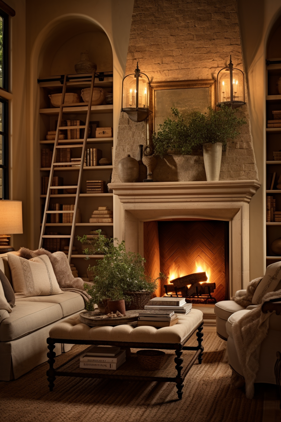A living room with organic interior design featuring a cozy fireplace and stylish bookshelves.