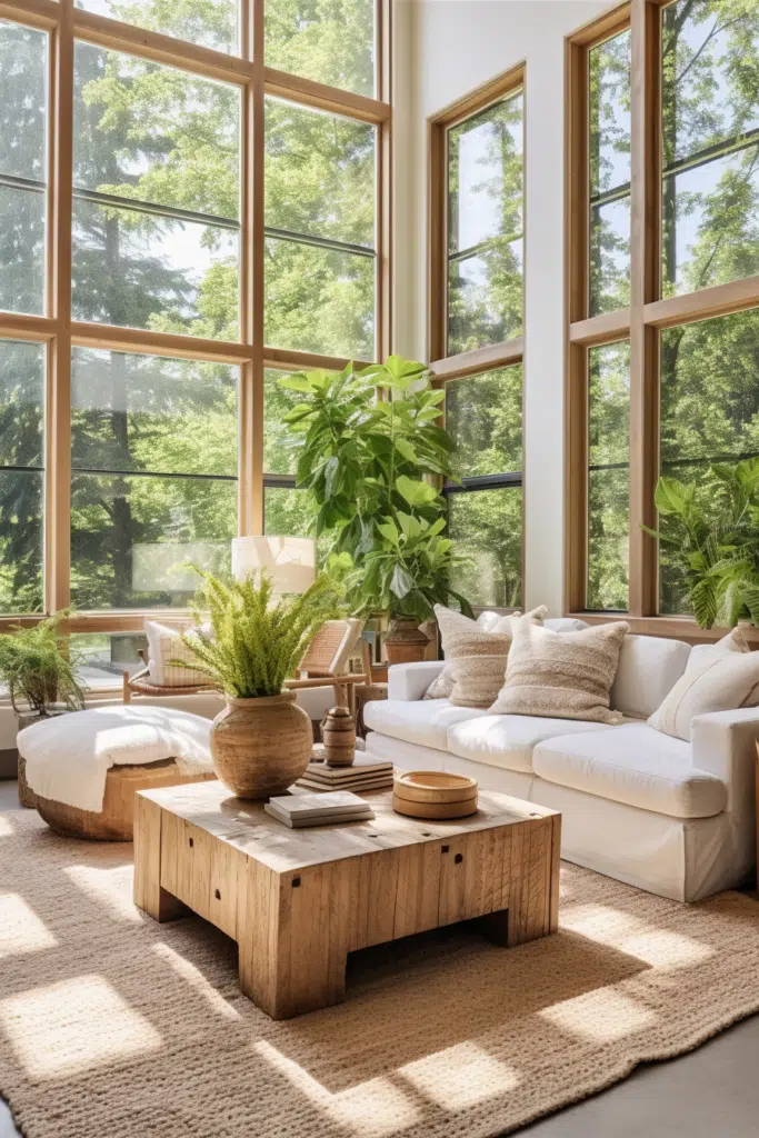 An organic interior design living room with large windows and white furniture.