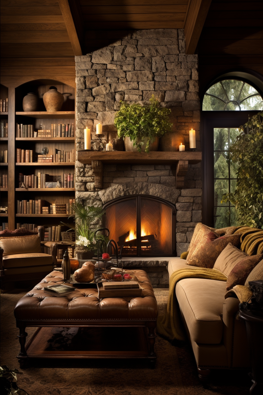 Organic Interior Design: A living room with a stone fireplace and bookshelves designed in harmony with nature.