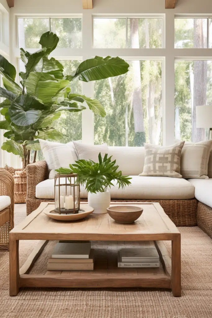An organic living room with large windows and wicker furniture.