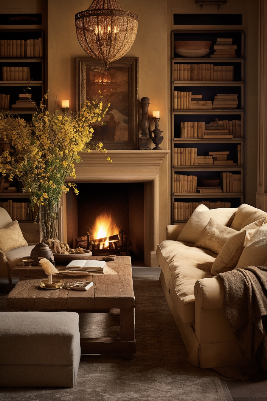 A living room with organic interior design, featuring a fireplace and bookshelves.