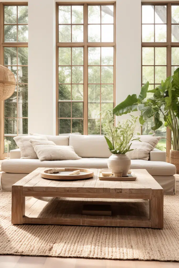 A living room with large windows and a wooden coffee table, featuring an organic interior design.