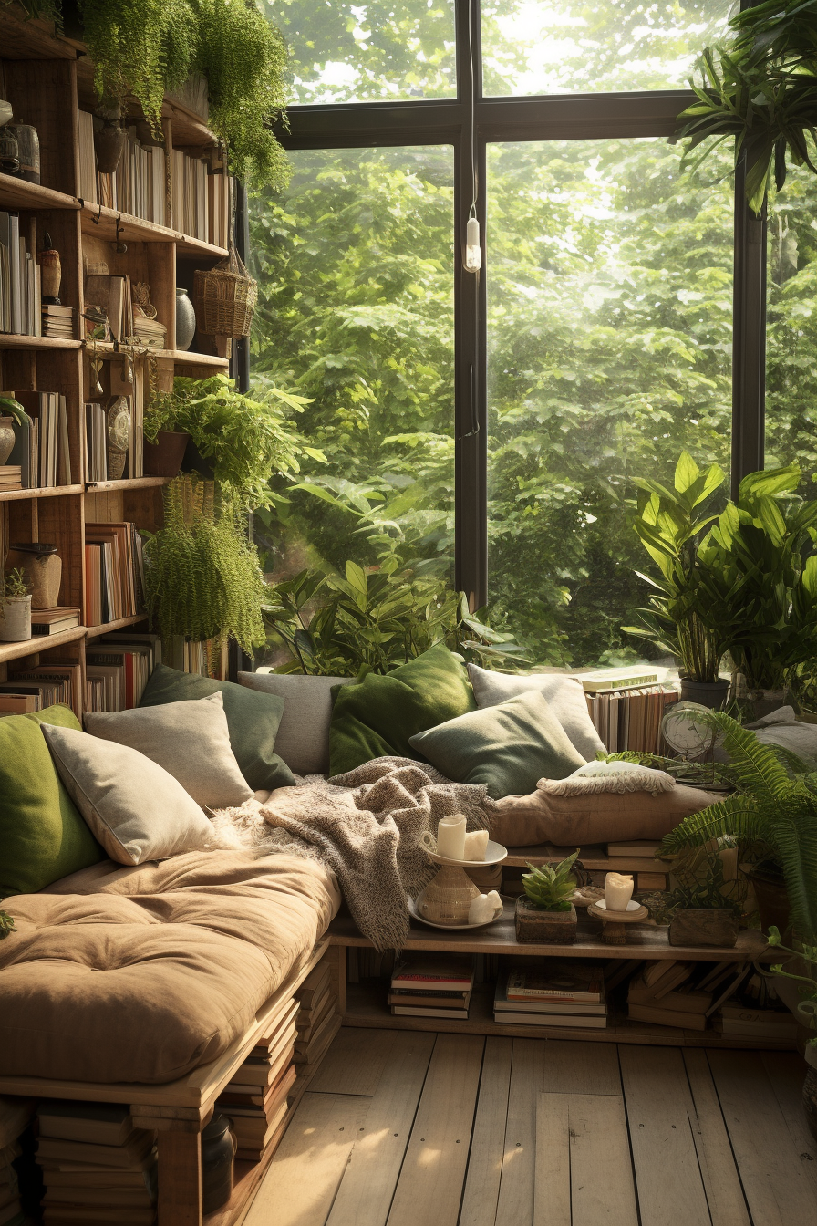 An organic interior design living room with lots of plants and books.