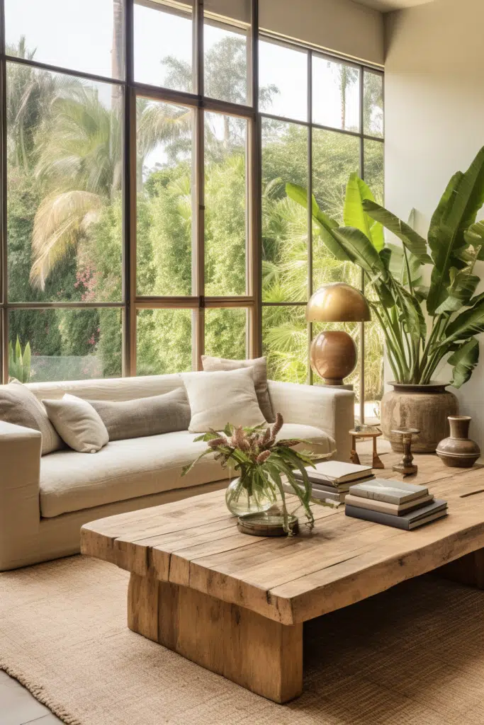A living room with large windows, showcasing an organic interior design featuring a beautiful wooden table.