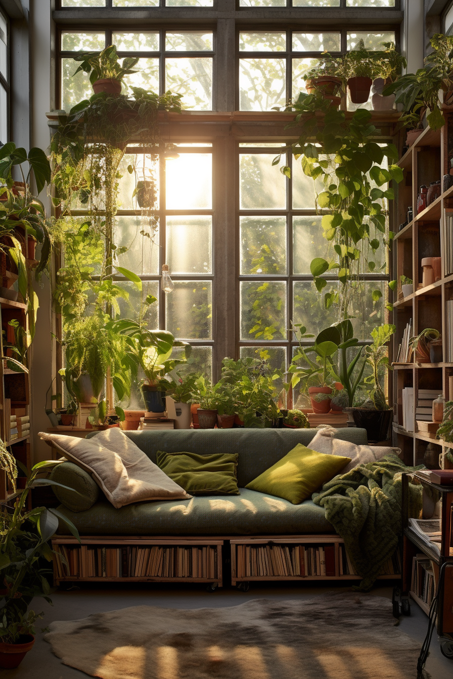 An organic living room with a couch and bookshelves.
