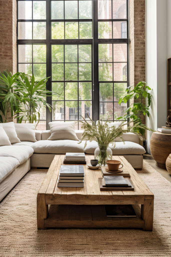 An organic living room with large windows and a white couch.