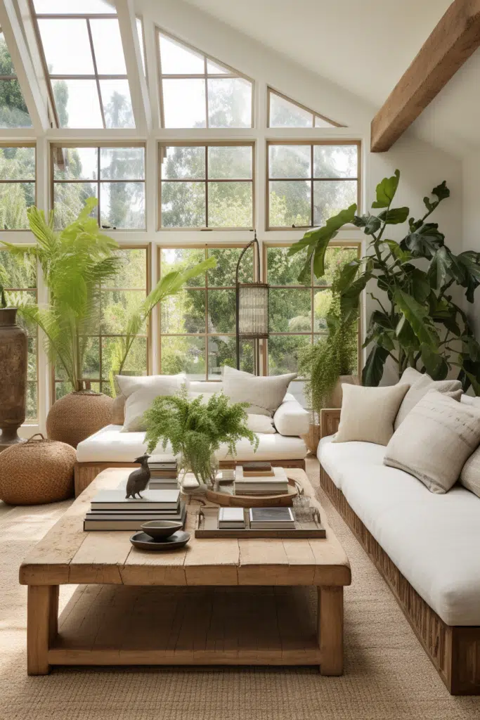 An organic living room with large windows.