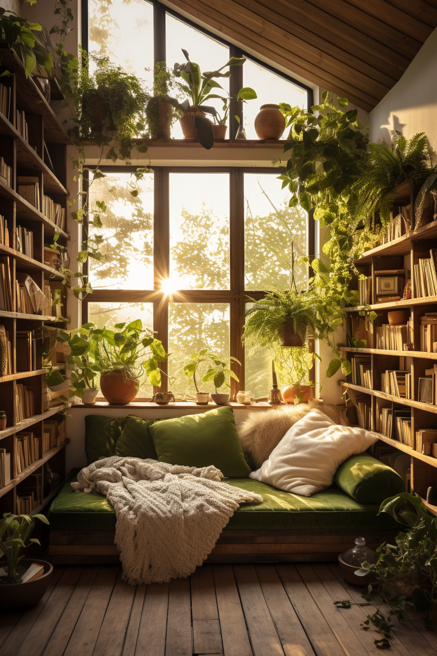 An organic interior design featuring a room with a window, bookshelves, and a cozy couch.