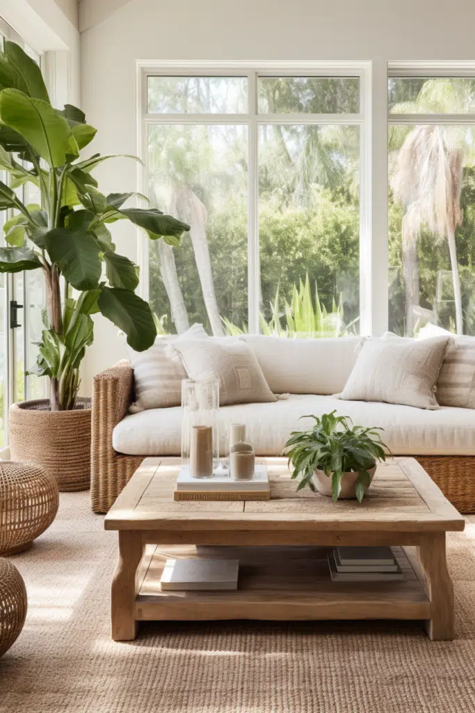 A living room designed with organic interior design principles, featuring large windows and wicker furniture.