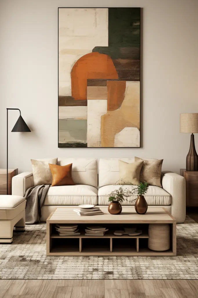 An organic painting hangs above a modern living room.