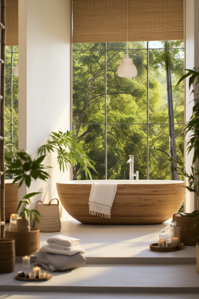 An organic modern bathroom with a tub surrounded by lush plants.