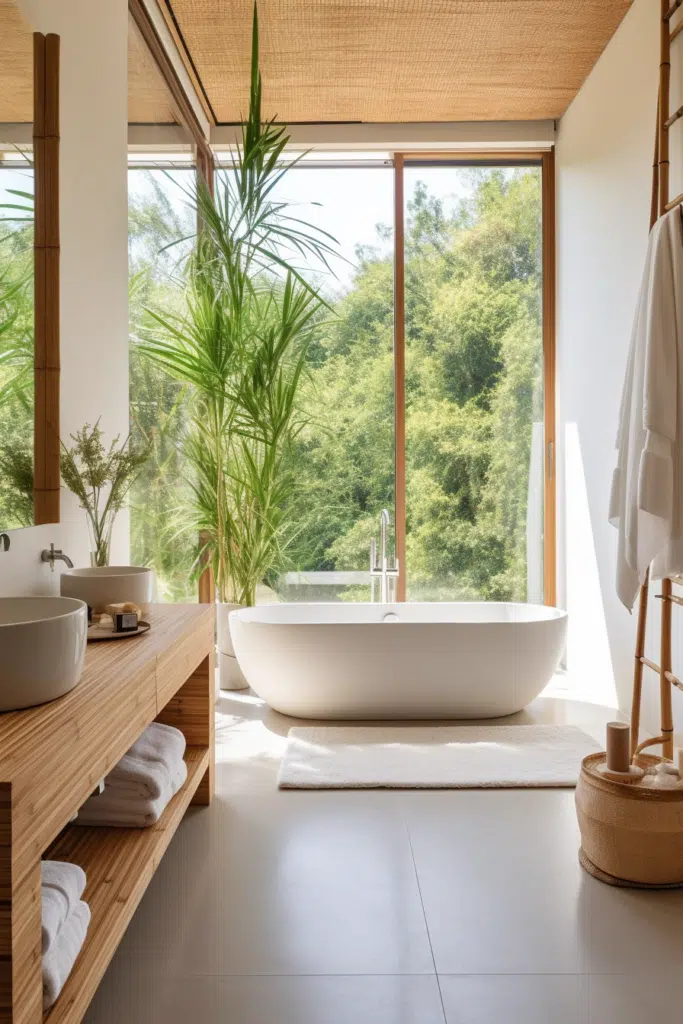 An organic modern bathroom with a large tub and a large window.